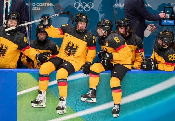 Daria Gleissner of Germany Ronja Hark of Germany at the preliminary women Ice hockey, Eishockey match Group B Germany - France of the Milano Cortina 2026 Winter Olympic Games, Olympische Spiele, Olympia, OS at Milano Rho Ice Hockey Arena on February 9, 2026 in Milan, Italy.