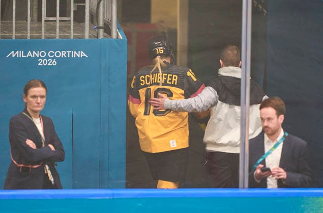 Jule Schiefer of Germany injury at the preliminary women Ice hockey, Eishockey match Group B Germany - France of the Milano Cortina 2026 Winter Olympic Games, Olympische Spiele, Olympia, OS at Milano Rho Ice Hockey Arena on February 9, 2026 in Milan, Italy.