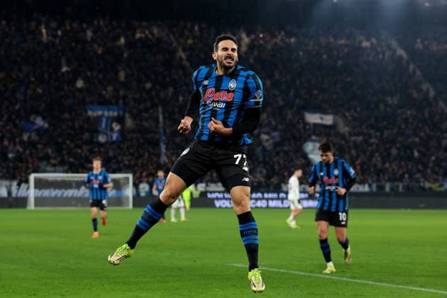 Bergamo, Italy, 9th February 2026. Davide Zappacosta of Atalanta celebrates after scoring to give the hosts a 2-0 lead during the Atalanta vs US Cremonese Serie A match at New Balance Arena, Bergamo. Picture credit should read: Jonathan Moscrop Sportimage EDITORIAL USE ONLY. No use with unauthorised audio, video, data, fixture lists, club league logos or live services. Online in-match use limited to 120 images, no video emulation. No use in betting, games or single club league player publications. SPI_041_ATALANTA_CREMONESE_ SPI-4501-0041