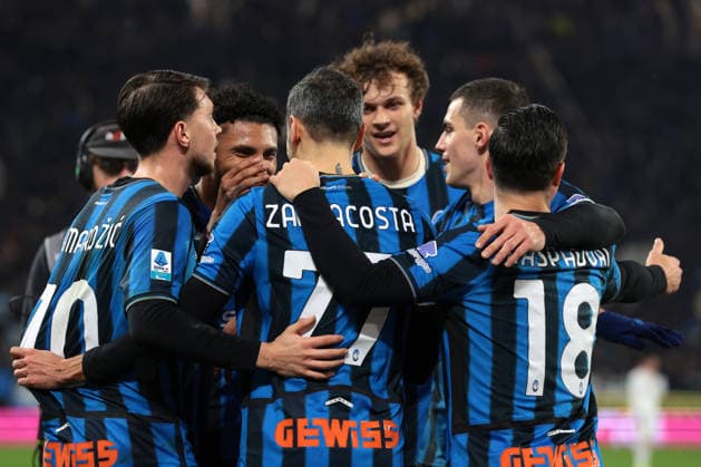 Bergamo, Italy, 9th February 2026. Davide Zappacosta of Atalanta celebrates with team mates after scoring to give the hosts a 2-0 lead during the Atalanta vs US Cremonese Serie A match at New Balance Arena, Bergamo. Picture credit should read: Jonathan Moscrop Sportimage EDITORIAL USE ONLY. No use with unauthorised audio, video, data, fixture lists, club league logos or live services. Online in-match use limited to 120 images, no video emulation. No use in betting, games or single club league player publications. SPI_044_ATALANTA_CREMONESE_ SPI-4501-0043