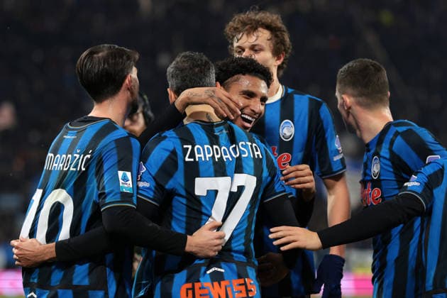 Bergamo, Italy, 9th February 2026. Davide Zappacosta of Atalanta celebrates with team mates after scoring to give the hosts a 2-0 lead during the Atalanta vs US Cremonese Serie A match at New Balance Arena, Bergamo. Picture credit should read: Jonathan Moscrop Sportimage EDITORIAL USE ONLY. No use with unauthorised audio, video, data, fixture lists, club league logos or live services. Online in-match use limited to 120 images, no video emulation. No use in betting, games or single club league player publications. SPI_045_ATALANTA_CREMONESE_ SPI-4501-0045