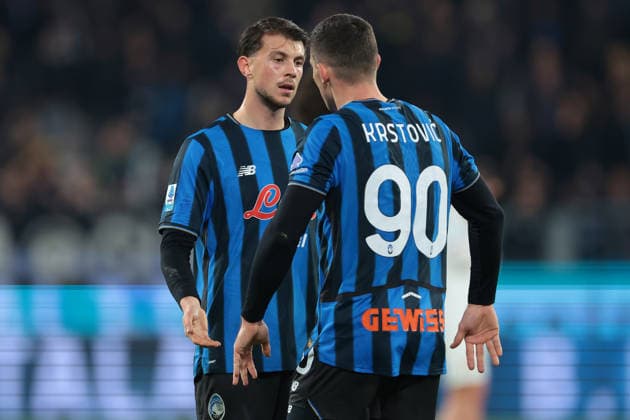 Bergamo, Italy, 9th February 2026. Nikola Krstovic of Atalanta celebrates with team mate Lazar Samardzic after scoring to give the side a 1-0 lead during the Atalanta vs US Cremonese Serie A match at New Balance Arena, Bergamo. Picture credit should read: Jonathan Moscrop Sportimage EDITORIAL USE ONLY. No use with unauthorised audio, video, data, fixture lists, club league logos or live services. Online in-match use limited to 120 images, no video emulation. No use in betting, games or single club league player publications. SPI_053_ATALANTA_CREMONESE_ SPI-4501-0053