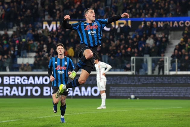 Bergamo, Italy, 9th February 2026. Nikola Krstovic of Atalanta celebrates after scoring to give the side a 1-0 lead during the Atalanta vs US Cremonese Serie A match at New Balance Arena, Bergamo. Picture credit should read: Jonathan Moscrop Sportimage EDITORIAL USE ONLY. No use with unauthorised audio, video, data, fixture lists, club league logos or live services. Online in-match use limited to 120 images, no video emulation. No use in betting, games or single club league player publications. SPI_055_ATALANTA_CREMONESE_ SPI-4501-0054