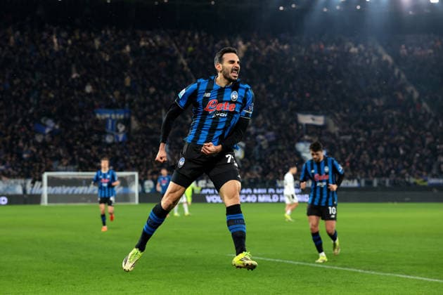 Bergamo, Italy, 9th February 2026. Davide Zappacosta of Atalanta celebrates after scoring to give the hosts a 2-0 lead during the Atalanta vs US Cremonese Serie A match at New Balance Arena, Bergamo. Picture credit should read: Jonathan Moscrop Sportimage EDITORIAL USE ONLY. No use with unauthorised audio, video, data, fixture lists, club league logos or live services. Online in-match use limited to 120 images, no video emulation. No use in betting, games or single club league player publications. SPI_056_ATALANTA_CREMONESE_ SPI-4501-0056