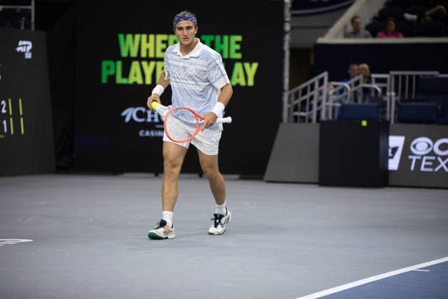 February 9, 2026, Frisco, Texas, USA: MATTIA BELLUCI (ITA) grabs a tennis ball during a menÃ¢â‚¬â ¢s singles match at 2026 Nexo Dallas Open at The Ford Center at The Star in Frisco, Texas. Nakishima defeated Bellucci, 6:3, 6:4. Frisco USA - ZUMAh193 20260209_zsp_h193_006 Copyright: xDanielxMcGregor-Huyerx