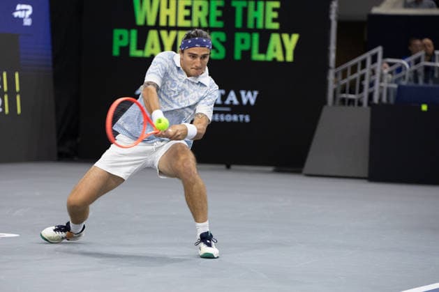 February 9, 2026, Frisco, Texas, USA: MATTIA BELLUCI (ITA) returns with a forehand during a menÃ¢â‚¬â ¢s singles match at 2026 Nexo Dallas Open at The Ford Center at The Star in Frisco, Texas. Nakishima defeated Bellucci, 6:3, 6:4. Frisco USA - ZUMAh193 20260209_zsp_h193_007 Copyright: xDanielxMcGregor-Huyerx