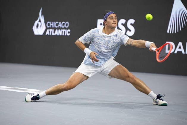 February 9, 2026, Frisco, Texas, USA: MATTIA BELLUCI (ITA) returns with a forehand during a menÃ¢â‚¬â ¢s singles match at 2026 Nexo Dallas Open at The Ford Center at The Star in Frisco, Texas. Nakishima defeated Bellucci, 6:3, 6:4. Tennis 2026: Dallas Open: Nakishima 6:3, 6:4 Belluci  - ZUMAh193 20260209_zsp_h193_005 Copyright: xDanielxMcGregor-Huyerx