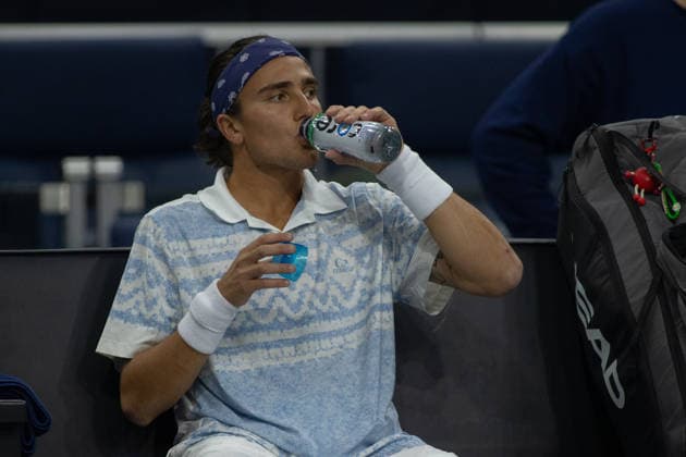 February 9, 2026, Frisco, Texas, USA: MATTIA BELLUCI (ITA) drinks water during a menÃ¢â‚¬â ¢s singles match at 2026 Nexo Dallas Open at The Ford Center at The Star in Frisco, Texas. Nakishima defeated Bellucci, 6:3, 6:4. Tennis 2026: Dallas Open: Nakishima 6:3, 6:4 Belluci  - ZUMAh193 20260209_zsp_h193_008 Copyright: xDanielxMcGregor-Huyerx