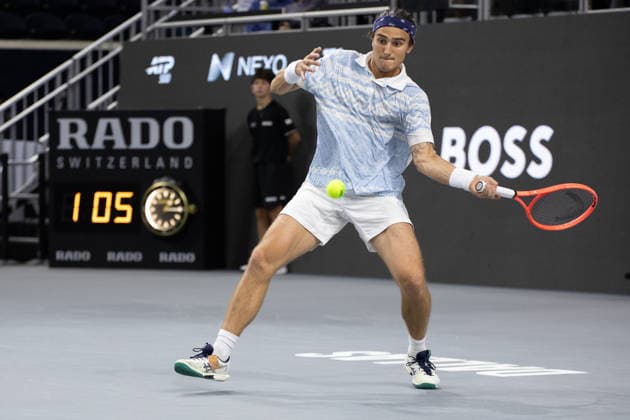 February 9, 2026, Frisco, Texas, USA: MATTIA BELLUCI (ITA) returns with a forehand during a menÃ¢â‚¬â ¢s singles match at 2026 Nexo Dallas Open at The Ford Center at The Star in Frisco, Texas. Nakishima defeated Bellucci, 6:3, 6:4. Tennis 2026: Dallas Open: Nakishima 6:3, 6:4 Belluci  - ZUMAh193 20260209_zsp_h193_012 Copyright: xDanielxMcGregor-Huyerx