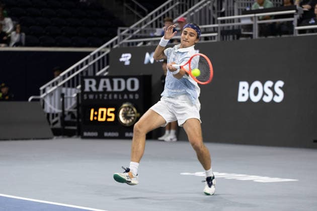 February 9, 2026, Frisco, Texas, USA: MATTIA BELLUCI (ITA) returns with a forehand during a menÃ¢â‚¬â ¢s singles match at 2026 Nexo Dallas Open at The Ford Center at The Star in Frisco, Texas. Nakishima defeated Bellucci, 6:3, 6:4. Tennis 2026: Dallas Open: Nakishima 6:3, 6:4 Belluci  - ZUMAh193 20260209_zsp_h193_013 Copyright: xDanielxMcGregor-Huyerx