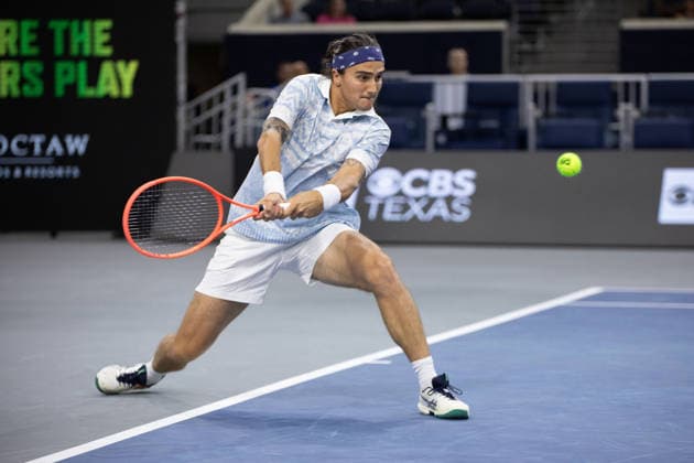 February 9, 2026, Frisco, Texas, USA: MATTIA BELLUCI (ITA) returns with a forehand during a menÃ¢â‚¬â ¢s singles match at 2026 Nexo Dallas Open at The Ford Center at The Star in Frisco, Texas. Nakishima defeated Bellucci, 6:3, 6:4. Tennis 2026: Dallas Open: Nakishima 6:3, 6:4 Belluci  - ZUMAh193 20260209_zsp_h193_018 Copyright: xDanielxMcGregor-Huyerx