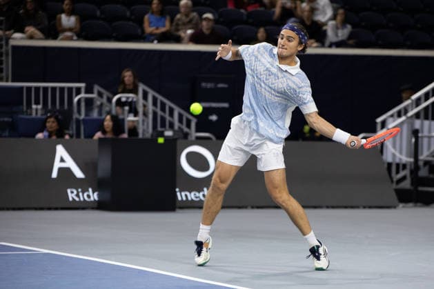 February 9, 2026, Frisco, Texas, USA: MATTIA BELLUCI (ITA) returns with a forehand during a menÃ¢â‚¬â ¢s singles match at 2026 Nexo Dallas Open at The Ford Center at The Star in Frisco, Texas. Nakishima defeated Bellucci, 6:3, 6:4. Tennis 2026: Dallas Open: Nakishima 6:3, 6:4 Belluci  - ZUMAh193 20260209_zsp_h193_019 Copyright: xDanielxMcGregor-Huyerx