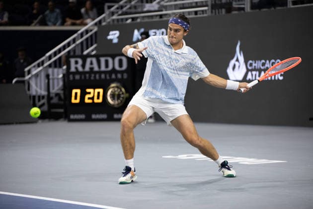 February 9, 2026, Frisco, Texas, USA: MATTIA BELLUCI (ITA) returns with a forehand during a menÃ¢â‚¬â ¢s singles match at 2026 Nexo Dallas Open at The Ford Center at The Star in Frisco, Texas. Nakishima defeated Bellucci, 6:3, 6:4. Tennis 2026: Dallas Open: Nakishima 6:3, 6:4 Belluci  - ZUMAh193 20260209_zsp_h193_020 Copyright: xDanielxMcGregor-Huyerx