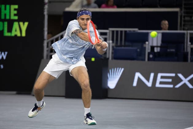 February 9, 2026, Frisco, Texas, USA: MATTIA BELLUCI (ITA) returns with a forehand during a menÃ¢â‚¬â ¢s singles match at 2026 Nexo Dallas Open at The Ford Center at The Star in Frisco, Texas. Nakishima defeated Bellucci, 6:3, 6:4. Tennis 2026: Dallas Open: Nakishima 6:3, 6:4 Belluci  - ZUMAh193 20260209_zsp_h193_021 Copyright: xDanielxMcGregor-Huyerx