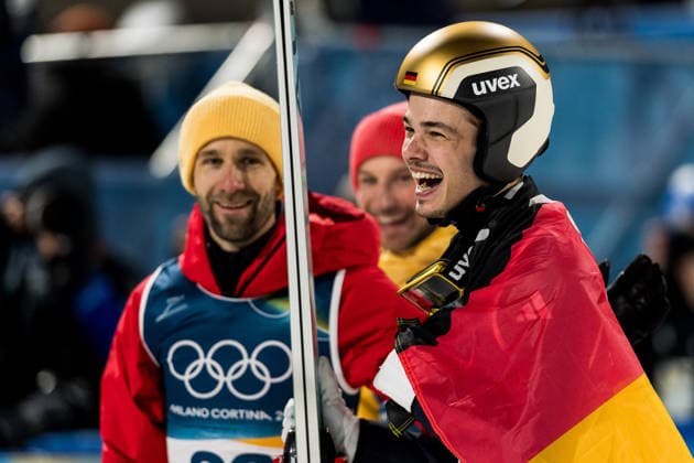 PREDAZZO, ITALY - FEBRUARY 9: Philipp Raimund ( Germany ) smiling after winning Gold during the Ski jumping, Skispringen, Ski, nordisch Men s Normal Hill Individual at the Milano Cortina 2026 Olympics at Predazzo Ski Jumping Stadium on day 3 of the Milano Cortina 2026 Olympics on February 9, 2026 in Predazzo, Italy. Editorial use only. Trentino-Suedtirol Italy Copyright: xSteffiexWunderlx