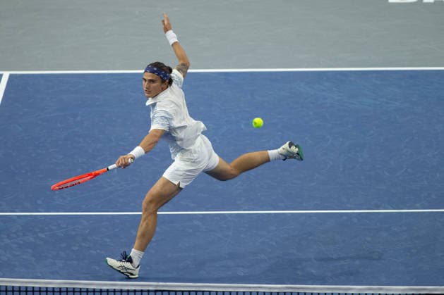 February 9, 2026, Frisco, Texas, USA: MATTIA BELLUCI (ITA) uses a backhand during a menÃ¢â‚¬â ¢s singles match at 2026 Nexo Dallas Open at The Ford Center at The Star in Frisco, Texas. Nakishima defeated Bellucci, 6:3, 6:4. Tennis 2026: Dallas Open: Nakishima 6:3, 6:4 Belluci  - ZUMAh193 20260209_zsp_h193_046 Copyright: xDanielxMcGregor-Huyerx