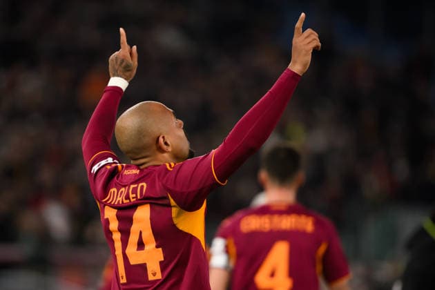 Donyell Malen of AS Roma celebrates after scoring the goal of 1-0 during the Serie A 2025 2026 football match between AS Roma and Cagliari Calcio at Stadio Olimpico in Rome (Italy), February 9, 2026. AndreaxStaccioli