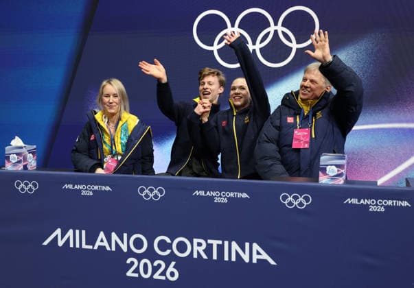(260209) -- MILAN, Feb. 9, 2026 -- Milla Ruud Reitan (2nd R) Nikolaj Majorov (2nd L) of Sweden wait for their score during the rhythm dance of Figure skating, Eiskunstlauf ice dance competition at the Milan-Cortina 2026 Olympic Winter games, Winterspiele,Spiele, Summer games in Milan, Italy, Feb. 9, 2026. ) (MICO2026)ITALY-MILAN-OLYMPIC WINTER GAMES-FIGURE SKATING-ICE DANCE-RHYTHM DANCE ChenxYichen 