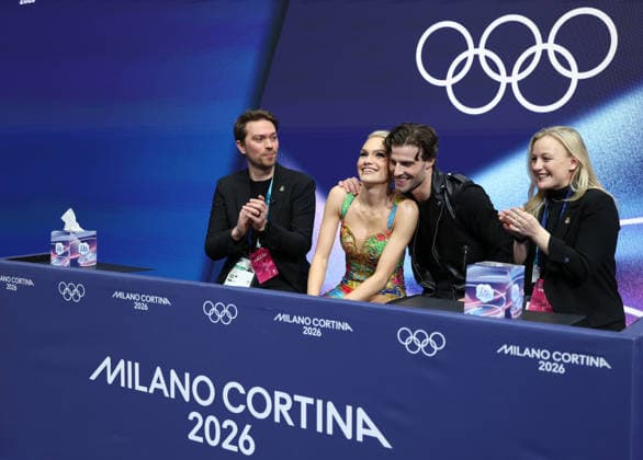 (260209) -- MILAN, Feb. 9, 2026 -- Phebe Bekker (2nd L) James Hernandez (2nd R) of Britain wait for their score during the rhythm dance of Figure skating, Eiskunstlauf ice dance competition at the Milan-Cortina 2026 Olympic Winter games, Winterspiele,Spiele, Summer games in Milan, Italy, Feb. 9, 2026. ) (MICO2026)ITALY-MILAN-OLYMPIC WINTER GAMES-FIGURE SKATING-ICE DANCE-RHYTHM DANCE ChenxYichen 