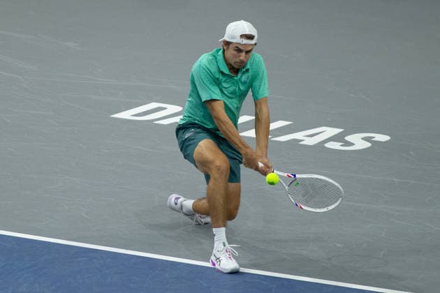 February 9, 2026, Frisco, Texas, USA: ZACHARY SVADJA (USA) uses a forehand during a menÃ¢â‚¬â ¢s singles match at 2026 Nexo Dallas Open at The Ford Center at The Star in Frisco, Texas. Fokina defeated Svadja 6:4, 7:6 Tennis 2026: Dallas Open: Fokina 6:4, 7:6 Svadja  - ZUMAh193 20260209_zsp_h193_050 Copyright: xDanielxMcGregor-Huyerx