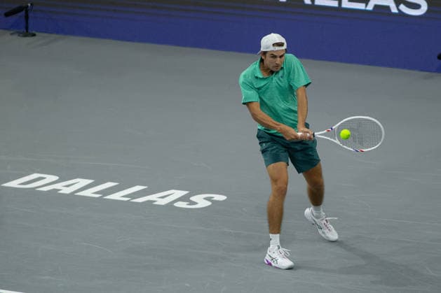 February 9, 2026, Frisco, Texas, USA: ZACHARY SVADJA (USA) uses a forehand during a menÃ¢â‚¬â ¢s singles match at 2026 Nexo Dallas Open at The Ford Center at The Star in Frisco, Texas. Fokina defeated Svadja 6:4, 7:6 Tennis 2026: Dallas Open: Fokina 6:4, 7:6 Svadja  - ZUMAh193 20260209_zsp_h193_056 Copyright: xDanielxMcGregor-Huyerx