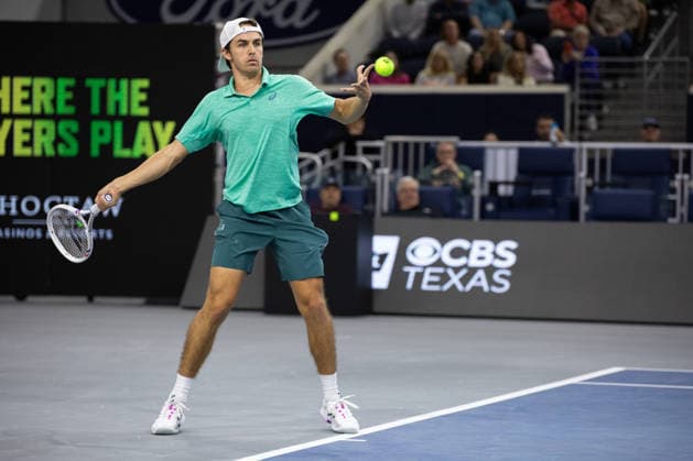 February 9, 2026, Frisco, Texas, USA: ZACHARY SVADJA (USA) uses a forehand during a menÃ¢â‚¬â ¢s singles match at 2026 Nexo Dallas Open at The Ford Center at The Star in Frisco, Texas. Fokina defeated Svadja 6:4, 7:6 Tennis 2026: Dallas Open: Fokina 6:4, 7:6 Svadja  - ZUMAh193 20260209_zsp_h193_074 Copyright: xDanielxMcGregor-Huyerx