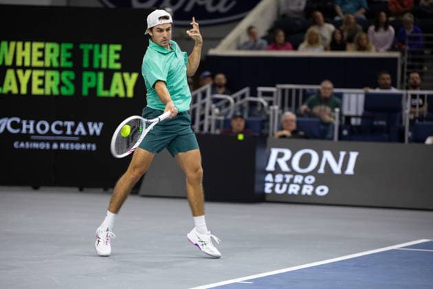 February 9, 2026, Frisco, Texas, USA: ZACHARY SVADJA (USA) uses a forehand during a menÃ¢â‚¬â ¢s singles match at 2026 Nexo Dallas Open at The Ford Center at The Star in Frisco, Texas. Fokina defeated Svadja 6:4, 7:6 Tennis 2026: Dallas Open: Fokina 6:4, 7:6 Svadja  - ZUMAh193 20260209_zsp_h193_079 Copyright: xDanielxMcGregor-Huyerx