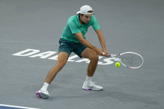 February 9, 2026, Frisco, Texas, USA: ZACHARY SVADJA (USA) uses a forehand during a menÃ¢â‚¬â ¢s singles match at 2026 Nexo Dallas Open at The Ford Center at The Star in Frisco, Texas. Fokina defeated Svadja 6:4, 7:6 Frisco USA - ZUMAh193 20260209_zsp_h193_067 Copyright: xDanielxMcGregor-Huyerx