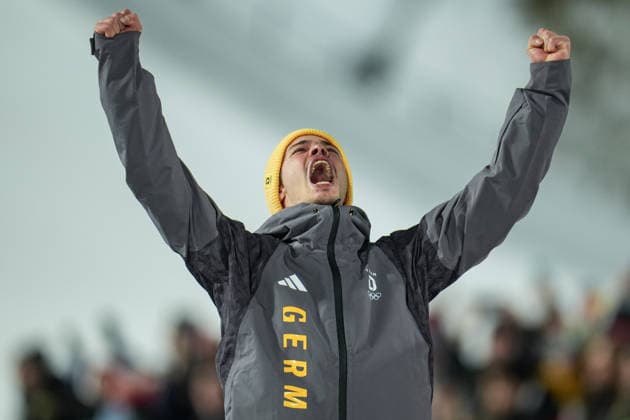 Milano Cortina 2026 Winter Olympics VAL DI FIEMME, ITALY - FEBRUARY 9: Gold medalist Philipp Raimund of Germany celebrates after men s Ski jumping, Skispringen, Ski, nordisch competition on day three of the Milano Cortina 2026 Winter Olympic Games, Olympische Spiele, Olympia, OS at Predazzo Ski Jumping Stadium in Val di Fiemme, Italy on February 9, 2026. Cemal Yurttas Anadolu Val di Fiemme Italy. Editorial use only. Please get in touch for any other usage.  Copyright: x2026xAnadoluxCemalxYurttasx