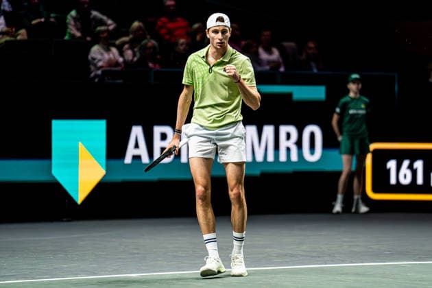 2026-02-09 ABN AMRO Open - Day One ROTTERDAM, NETHERLANDS - FEBRUARY 9: Ugo Humbert celebrates during Day One of the ABN AMRO Open at Rotterdam Ahoy on February 9, 2026 in Rotterdam, Netherlands. (Photo by Gabriel Calvino Alonso BSR Agency) Rotterdam Netherlands Content not available for redistribution in The Netherlands directly or indirectly through any third parties. Copyright: xBSRxAgencyx