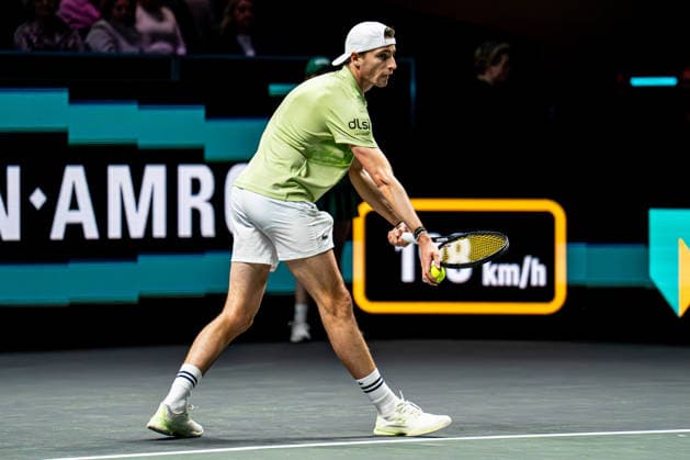 2026-02-09 ABN AMRO Open - Day One ROTTERDAM, NETHERLANDS - FEBRUARY 9: Ugo Humbert competing during Day One of the ABN AMRO Open at Rotterdam Ahoy on February 9, 2026 in Rotterdam, Netherlands. (Photo by Gabriel Calvino Alonso BSR Agency) Rotterdam Netherlands Content not available for redistribution in The Netherlands directly or indirectly through any third parties. Copyright: xBSRxAgencyx
