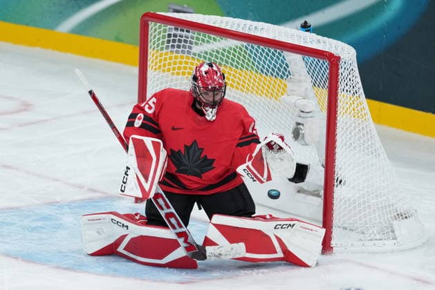 February 9, 2026, Milan, ITALY: Canada goalie Ann-Renee Desbiens (35) makes a save during the third period of a preliminary round women s hockey game at the Milan Cortina Winter Olympics, in Milan, on Monday, February 9, 2026. Canada News - February 9, 2026  - ZUMAc35_ 20260209_zaf_c35_183 Copyright: xDarrylxDyckx