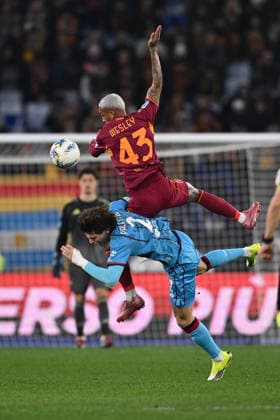 Marco Palestra of Cagliari Calcio and Wesley of A.S. Roma are in action during the 24th day of the Serie A Championship between A.S. Roma and Cagliari Calcio at the Olympic Stadium on February 9, 2026 in Rome, Italy.  Copyright: xDomenicoxCippitelli IPAxSportx xipa-agency.netx xx IPA_71200305 IPA_Agency_IPA71200305