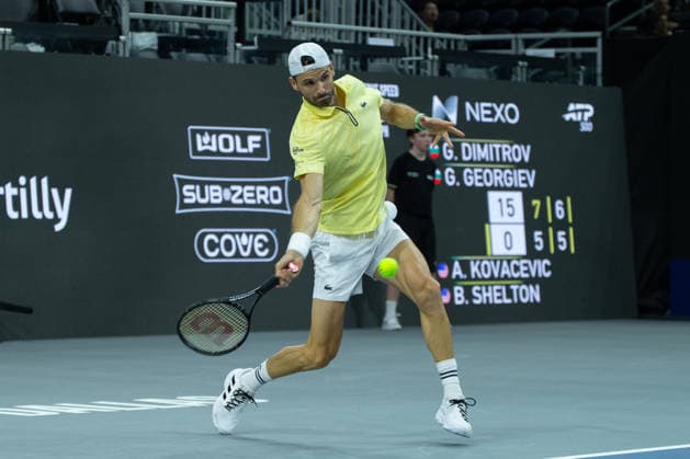 February 9, 2026, Frisco, Texas, USA: GRIGOR DIMITROV (BUL) uses a forehand during a menÃ¢â‚¬â ¢s doubles match at 2026 Nexo Dallas Open at The Ford Center at The Star in Frisco, Texas. Kovecevic and Shelton defeated Dimitriov and Georgiev 5:7. 7:6, 10:3. Tennis 2026: Dallas Open: Kovacevic Shelton 5:7, 7:6, 10:3 Dimitriov Georgiev  - ZUMAh193 20260209_zsp_h193_083 Copyright: xDanielxMcGregor-Huyerx