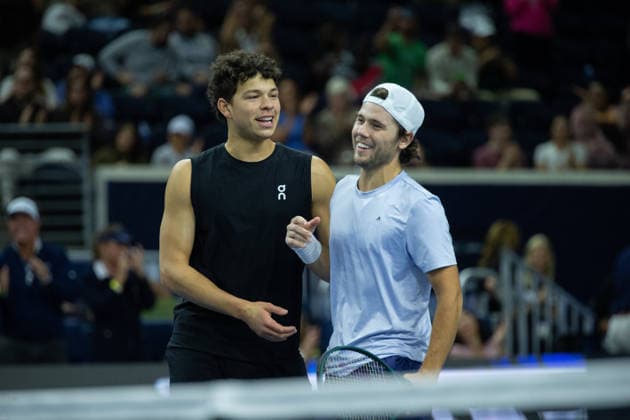 February 9, 2026, Frisco, Texas, USA: (R to l) ALEKSANDR KOVECEVIC (USA) and BEN SHELTON (USA) react after winning a menÃ¢â‚¬â ¢s doubles match at 2026 Nexo Dallas Open at The Ford Center at The Star in Frisco, Texas. Kovecevic and Shelton defeated Dimitriov and Georgiev 5:7. 7:6, 10:3. Frisco USA - ZUMAh193 20260209_zsp_h193_088 Copyright: xDanielxMcGregor-Huyerx