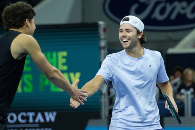 February 9, 2026, Frisco, Texas, USA: (R to l) ALEKSANDR KOVECEVIC (USA) and BEN SHELTON (USA) react during a menÃ¢â‚¬â ¢s doubles match at 2026 Nexo Dallas Open at The Ford Center at The Star in Frisco, Texas. Kovecevic and Shelton defeated Dimitriov and Georgiev 5:7. 7:6, 10:3. Frisco USA - ZUMAh193 20260209_zsp_h193_095 Copyright: xDanielxMcGregor-Huyerx