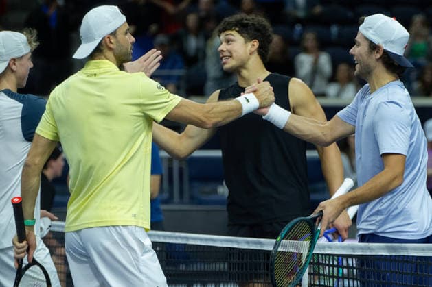 February 9, 2026, Frisco, Texas, USA: (L to r)GEORGI GEORGIEV (BUL), GRIGOR DIMITROV (BUL), BEN SHELTON (USA), and ALEKSANDR KOVECEVIC (USA) after winning a menâ€⠢s doubles match at 2026 Nexo Dallas Open at The Ford Center at The Star in Frisco, Texas. Kovecevic and Shelton defeated Dimitriov and Georgiev 5:7. 7:6, 10:3. Tennis 2026: Dallas Open: Kovacevic Shelton 5:7, 7:6, 10:3 Dimitriov Georgiev - ZUMAh193 20260209_zsp_h193_098 Copyright: xDanielxMcGregor-Huyerx