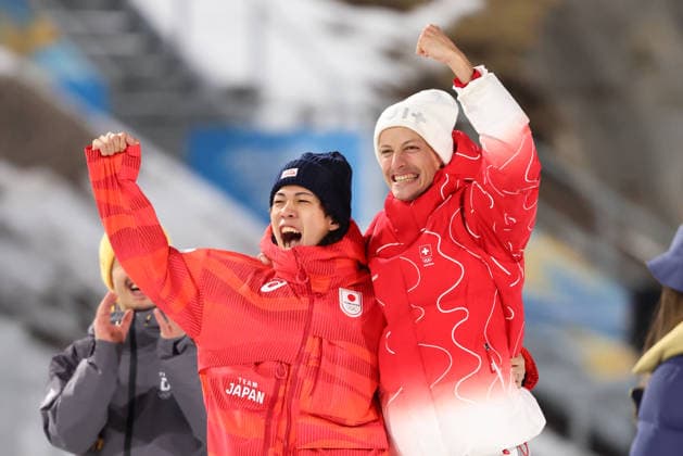 (L-R) Ren Nikaido (JPN), DESCHWANDEN Gregor (SUI), FEBRUARY 9, 2026 - Ski jumping, Skispringen, Ski, nordisch : Men s Individual Normal Hill Medal ceremony during the Milano Cortina 2026 Olympic Winter games, Winterspiele,Spiele, Summer games at Predazzo Ski Jumping Stadium in Predazzo, Italy. Noxthirdxpartyxsales  aflo_319149227