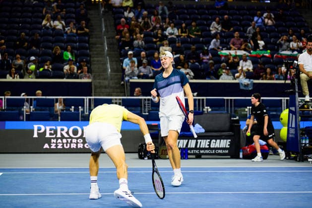 February 9, 2026, Frisco, Texas, USA: Doubles teammates GRIGOR DIMITROV (left) & GEORGI GEORGIEV (right) during their doubles match against Ben Shelton & Aleksandar Kovacevic at the Dallas Open round of 16. Ben Shelton & Aleksandar Kovacevic defeat Grigor Dimitrov & Georgi Georgiev in 3 sets. 5:7, 7:6, and 10:3. Frisco USA - ZUMAm348 20260209_znp_m348_015 Copyright: xLuisxRevillaxMatax