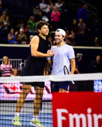 February 9, 2026, Frisco, Texas, USA: Doubles teammates BEN SHELTON (left) and ALEKSANDAR KOVACEVIC (right) celebrate winning their doubles match during against Grigor Dimitrov & Georgi Georgiev at the Dallas Open round of 16. Ben Shelton & Aleksandar Kovacevic defeat Grigor Dimitrov & Georgi Georgiev in 3 sets. 5:7, 7:6, and 10:3. Frisco USA - ZUMAm348 20260209_znp_m348_022 Copyright: xLuisxRevillaxMatax