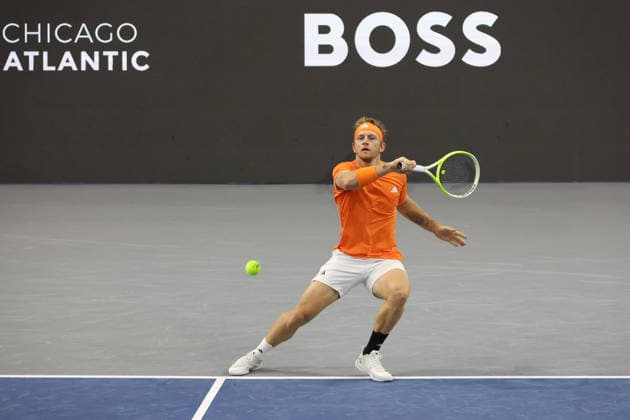 FRISCO, TX - FEBRUARY 09: Alejandro Davidovich Fokina (ESP) hits a forehand during the Nexo Dallas Open on February 9, 2026 at the Ford Center at The Star in Frisco, TX. (Photo by George Walker Icon Sportswire) TENNIS: FEB 09 Dallas Open EDITORIAL USE ONLY Icon26020919