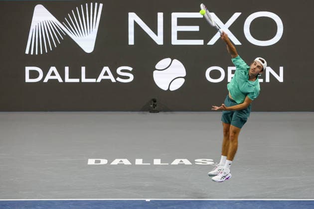 FRISCO, TX - FEBRUARY 09: Zachary Svajda (USA) serves during the Nexo Dallas Open on February 9, 2026 at the Ford Center at The Star in Frisco, TX. (Photo by George Walker Icon Sportswire) TENNIS: FEB 09 Dallas Open EDITORIAL USE ONLY Icon26020921
