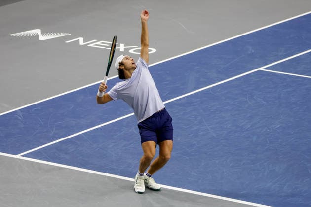 FRISCO, TX - FEBRUARY 09: Aleksandar Kovacevic (USA) serves during the Nexo Dallas Open on February 9, 2026 at the Ford Center at The Star in Frisco, TX. (Photo by George Walker Icon Sportswire) TENNIS: FEB 09 Dallas Open EDITORIAL USE ONLY Icon26020924