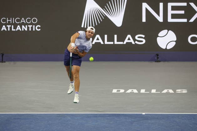 FRISCO, TX - FEBRUARY 09: Aleksandar Kovacevic (USA) serves during the Nexo Dallas Open on February 9, 2026 at the Ford Center at The Star in Frisco, TX. (Photo by George Walker Icon Sportswire) TENNIS: FEB 09 Dallas Open EDITORIAL USE ONLY Icon26020926