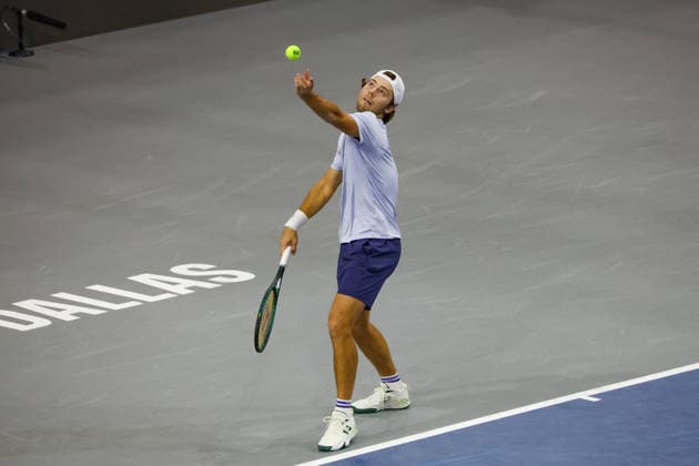 FRISCO, TX - FEBRUARY 09: Aleksandar Kovacevic (USA) serves during the Nexo Dallas Open on February 9, 2026 at the Ford Center at The Star in Frisco, TX. (Photo by George Walker Icon Sportswire) TENNIS: FEB 09 Dallas Open EDITORIAL USE ONLY Icon26020933