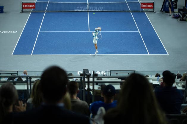 February 9, 2026, Frisco, Texas, USA: TERENCE ATMANE (FRA) serves during a menÃ¢â‚¬â ¢s singles match at 2026 Nexo Dallas Open at The Ford Center at The Star in Frisco, Texas. Tiafoe defeated Atmane 4:6, 6:2, 6:2. Frisco USA - ZUMAh193 20260209_zsp_h193_127 Copyright: xDanielxMcGregor-Huyerx