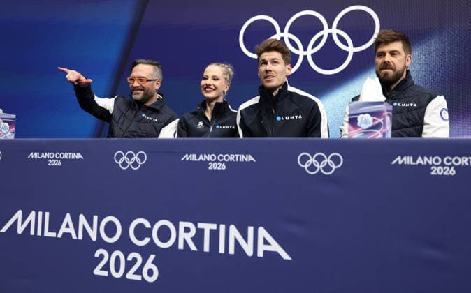 (260209) -- MILAN, Feb. 9, 2026 -- Juulia Turkkila (2nd L) Matthias Versluis (2nd R) of Finland attend the rhythm dance of Figure skating, Eiskunstlauf ice dance competition at the Milan-Cortina 2026 Olympic Winter games, Winterspiele,Spiele, Summer games in Milan, Italy, Feb. 9, 2026. ) (MICO2026)ITALY-MILAN-OLYMPIC WINTER GAMES-FIGURE SKATING-ICE DANCE-RHYTHM DANCE ChenxYichen 