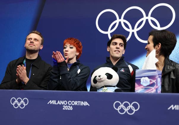 (260210) -- MILAN, Feb. 10, 2026 -- Evgeniia Lopareva (2nd L) Geoffrey Brissaud (2nd R)of France react after performing during the rhythm dance of Figure skating, Eiskunstlauf ice dance competition at the Milan-Cortina 2026 Olympic Winter games, Winterspiele,Spiele, Summer games in Milan, Italy, Feb. 9, 2026. ) (MICO2026)ITALY-MILAN-OLYMPIC WINTER GAMES-FIGURE SKATING-ICE DANCE-RHYTHM DANCE ChenxYichen 