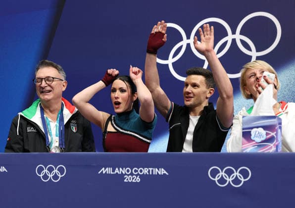(260210) -- MILAN, Feb. 10, 2026 -- Charlene Guignard (2nd L) Marco Fabbri (2nd R) of Italy react after performing during the rhythm dance of Figure skating, Eiskunstlauf ice dance competition at the Milan-Cortina 2026 Olympic Winter games, Winterspiele,Spiele, Summer games in Milan, Italy, Feb. 9, 2026. ) (MICO2026)ITALY-MILAN-OLYMPIC WINTER GAMES-FIGURE SKATING-ICE DANCE-RHYTHM DANCE ChenxYichen 