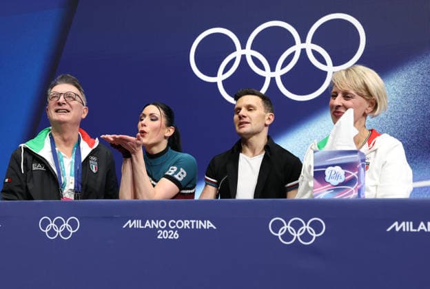 (260210) -- MILAN, Feb. 10, 2026 -- Charlene Guignard (2nd L) Marco Fabbri (2nd R) of Italy react after performing during the rhythm dance of Figure skating, Eiskunstlauf ice dance competition at the Milan-Cortina 2026 Olympic Winter games, Winterspiele,Spiele, Summer games in Milan, Italy, Feb. 9, 2026. ) (MICO2026)ITALY-MILAN-OLYMPIC WINTER GAMES-FIGURE SKATING-ICE DANCE-RHYTHM DANCE ChenxYichen 